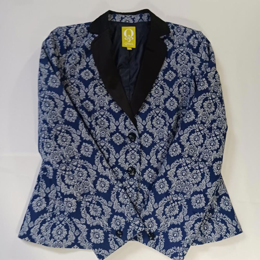 QMack Womens Blazer Jacket White & Blue Floral Collared Two Button Coat - Size 6
